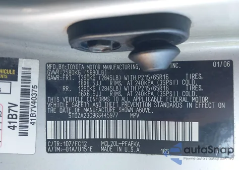 2006 Toyota Sienna Le из США, поврежденный, VIN 5TDZA23C96S445977